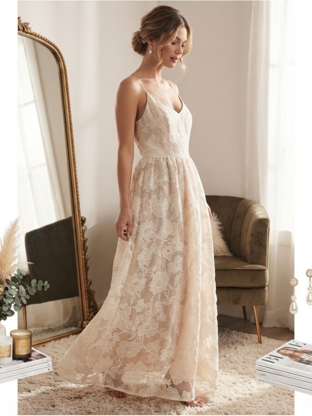 Joie Ivory Floral Lace Maxi Dress Lined Wedding Guest Gala Size L⁠